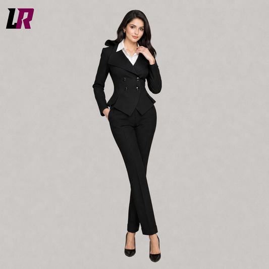 Woman wearing a black blazer suit with tailored pants, elegant formal office wear full front view