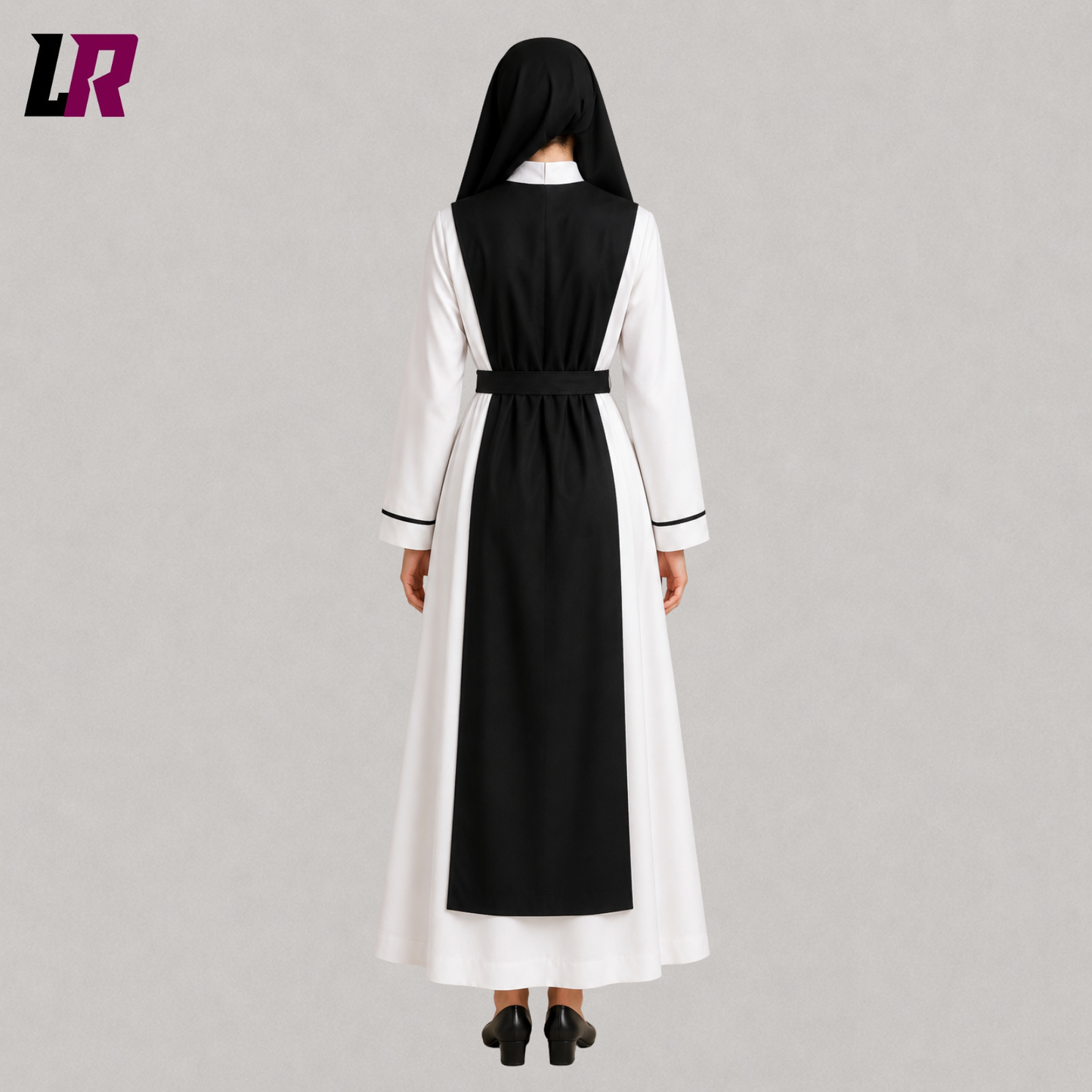 Back view of a traditional religious habit showing the elegant full-length robe and veil