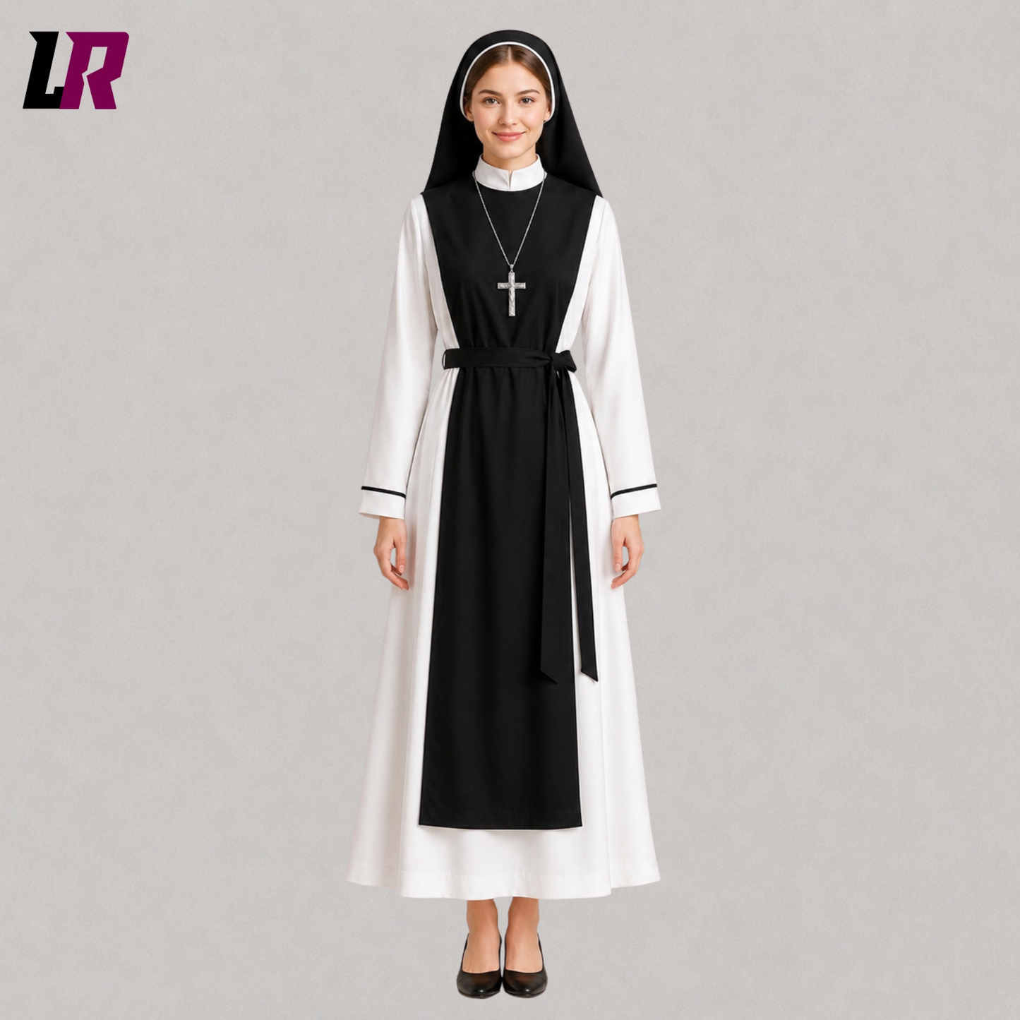 Front view of a full-length traditional nun habit with matching veil and modest religious design
