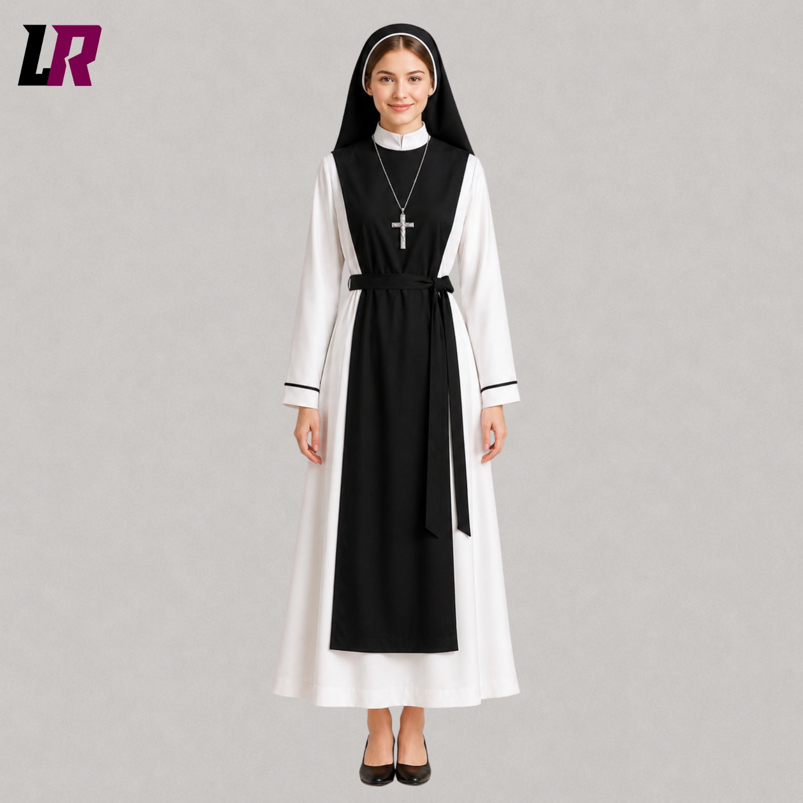 Front view of a full-length traditional nun habit with matching veil and modest religious design