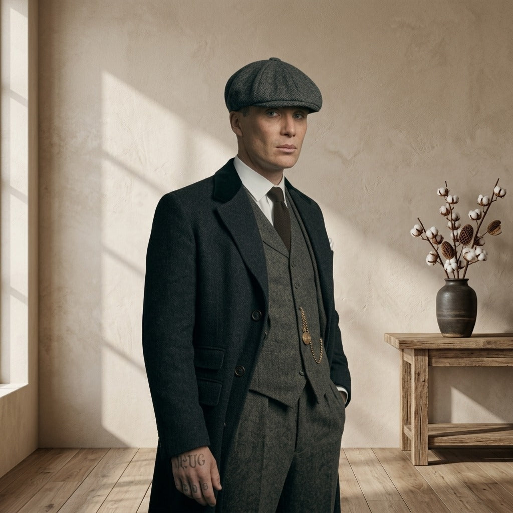 Men’s Vintage Tweed 3 Piece Suit with Black Overcoat & Flat Cap | 1920s Style Wedding Outfit