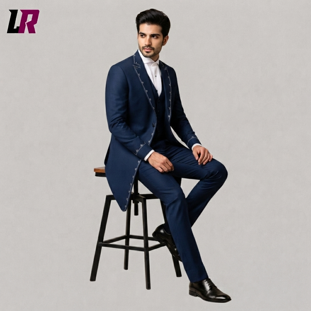 Man sitting on a stool wearing a navy blue Victorian frock coat 3-piece suit for weddings and formal occasions