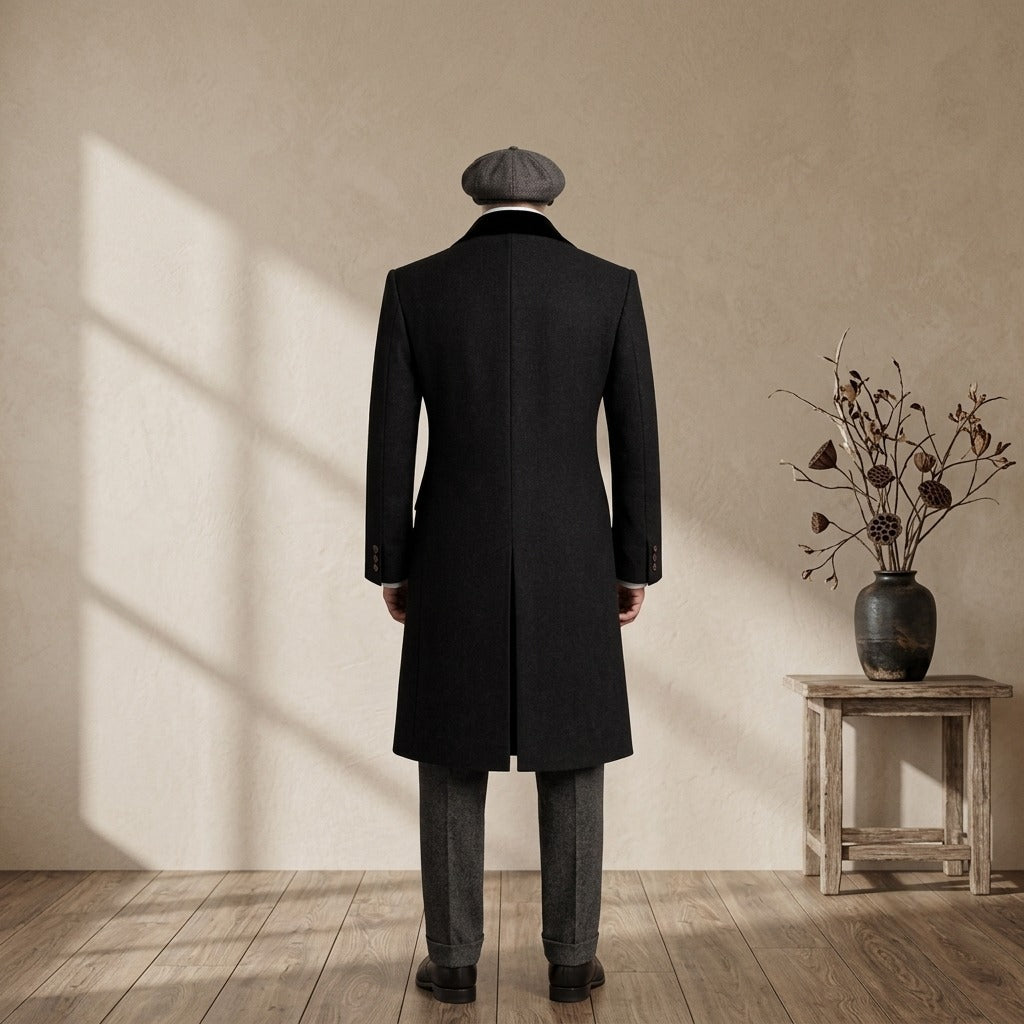 Men Vintage Tweed 3 Piece Suit with Black Overcoat & Flat Cap | 1920s Style Wedding Outfit