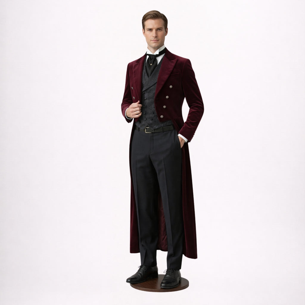 Mens Burgundy Velvet Tailcoat Victorian Suit