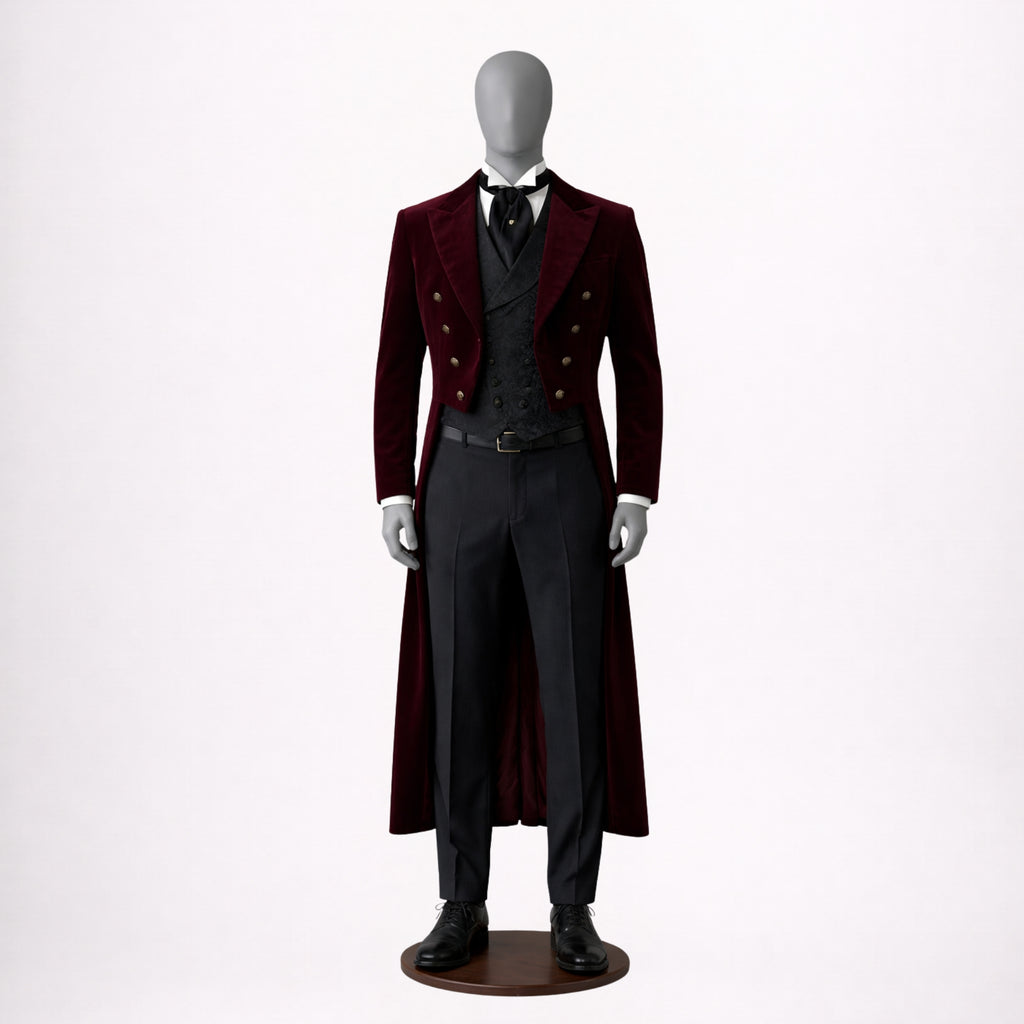 Mens Burgundy Velvet Tailcoat Victorian Suit