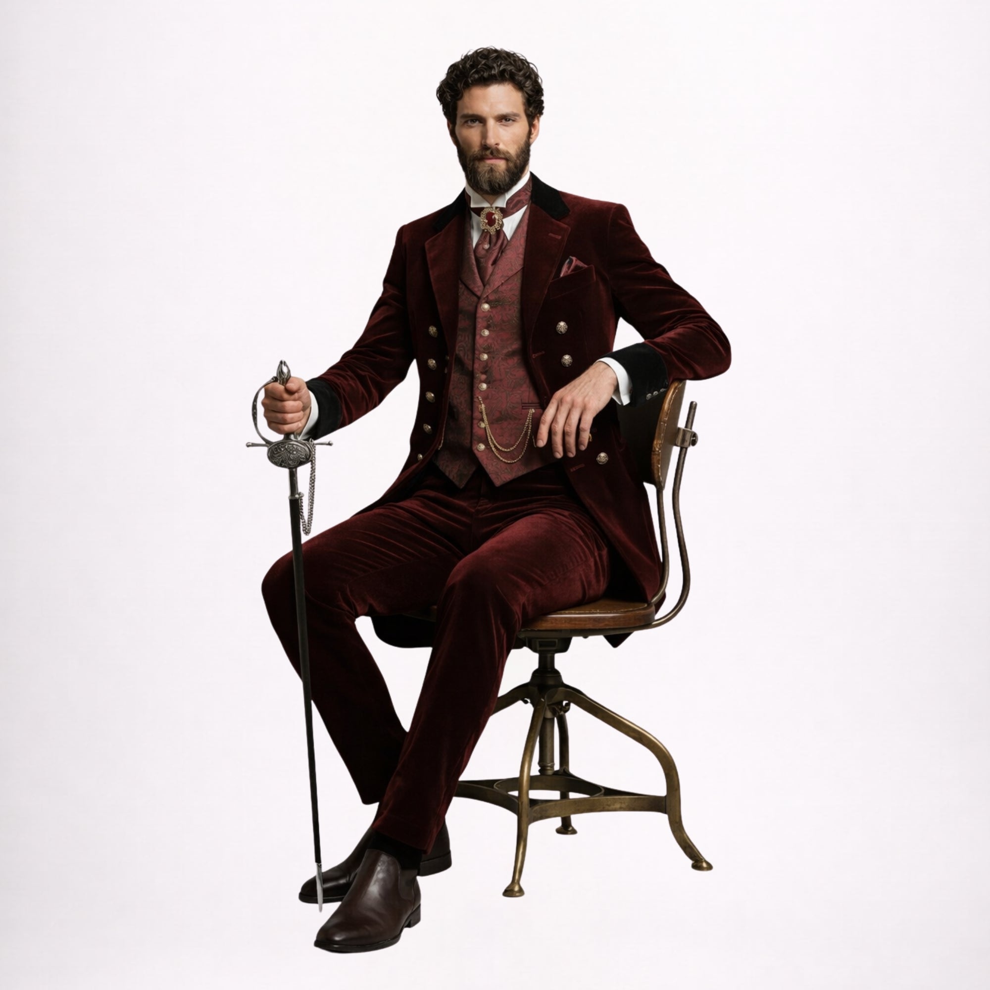 Burgundy Velvet Frock Coat Suit Men