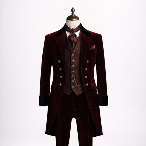 Burgundy Velvet Frock Coat Suit Men