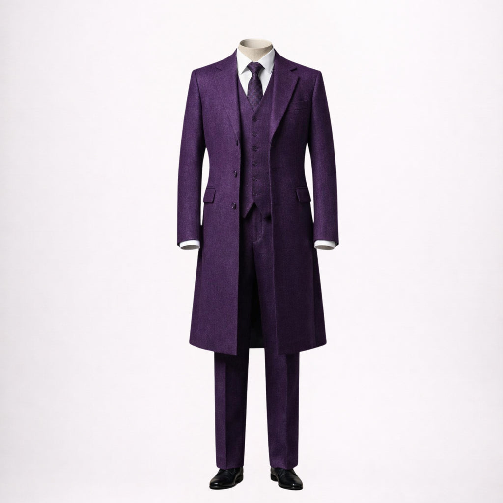 Purple Three Piece Suit with Long Overcoat Groom