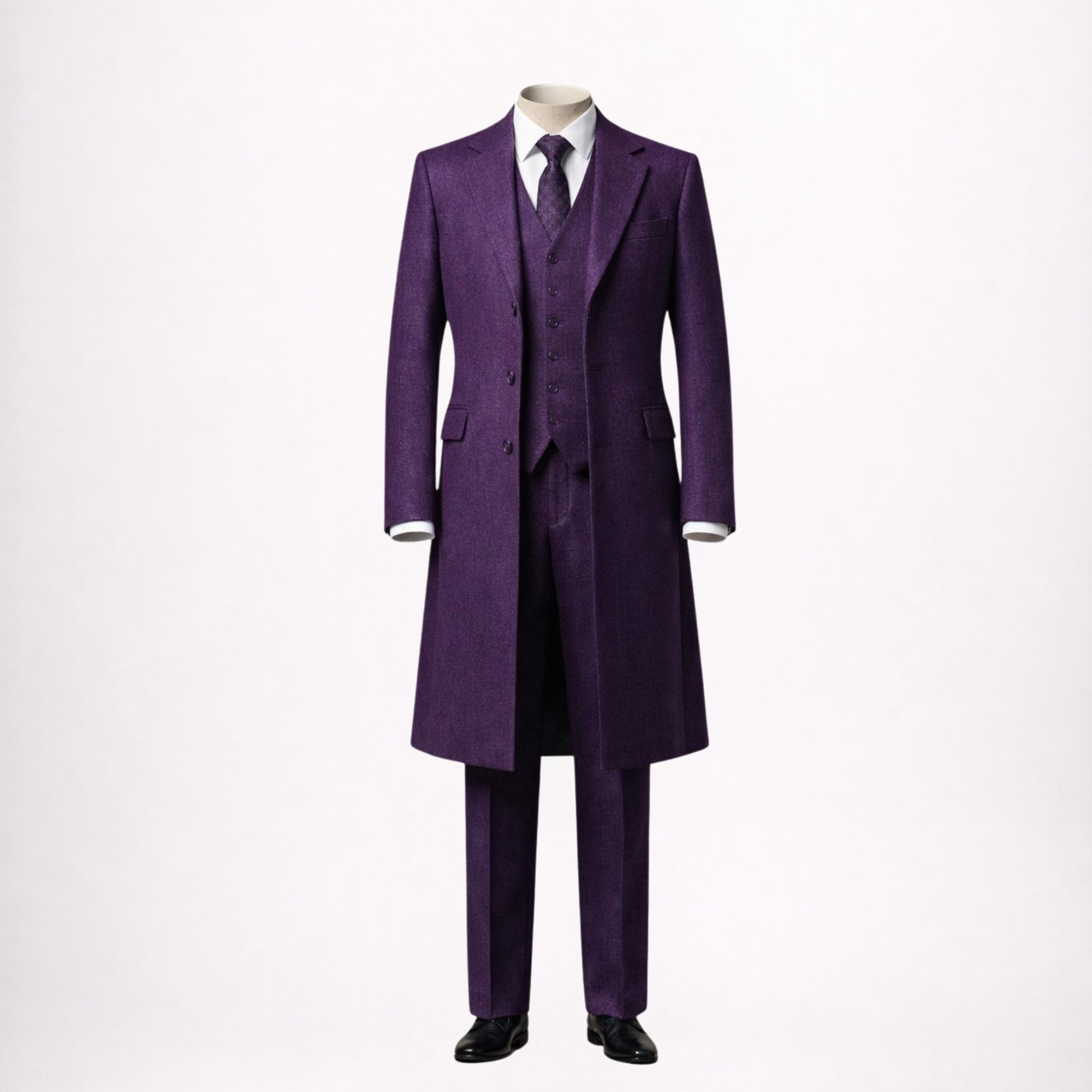 Purple Three Piece Suit with Long Overcoat Groom