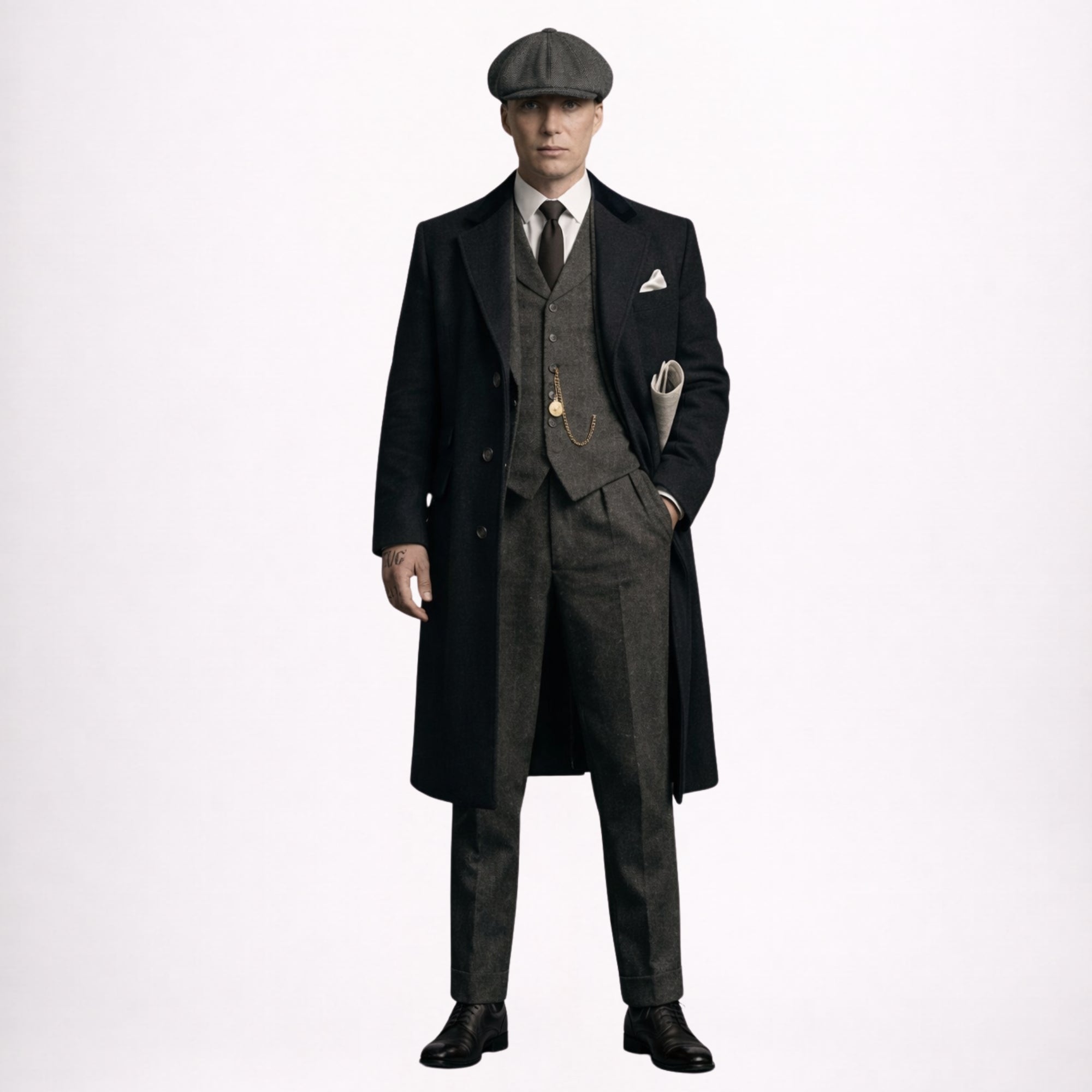 Tweed Three Piece Suit with Black Overcoat