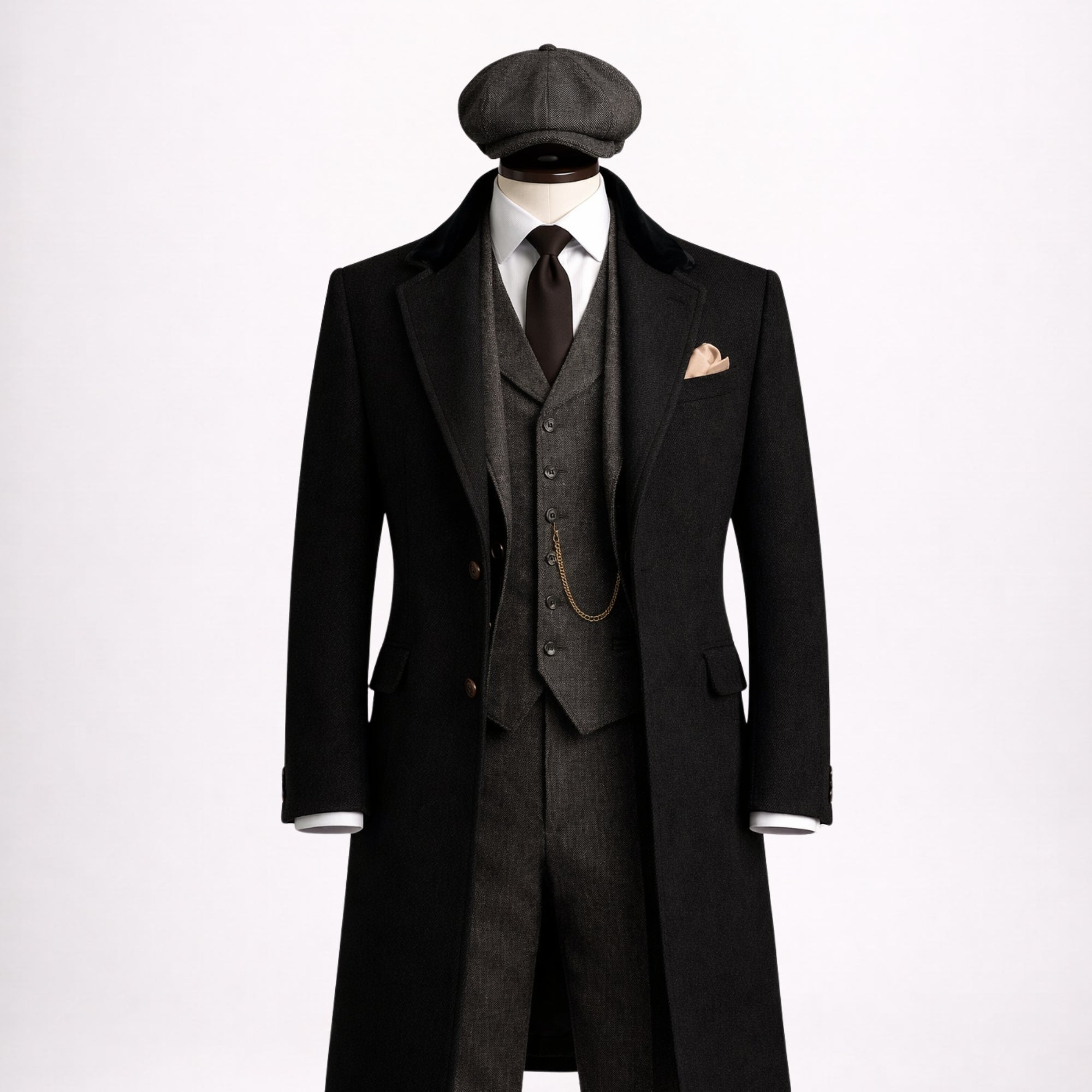 Tweed Three Piece Suit with Black Overcoat