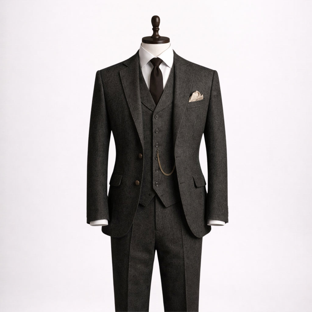 Tweed Three Piece Suit with Black Overcoat