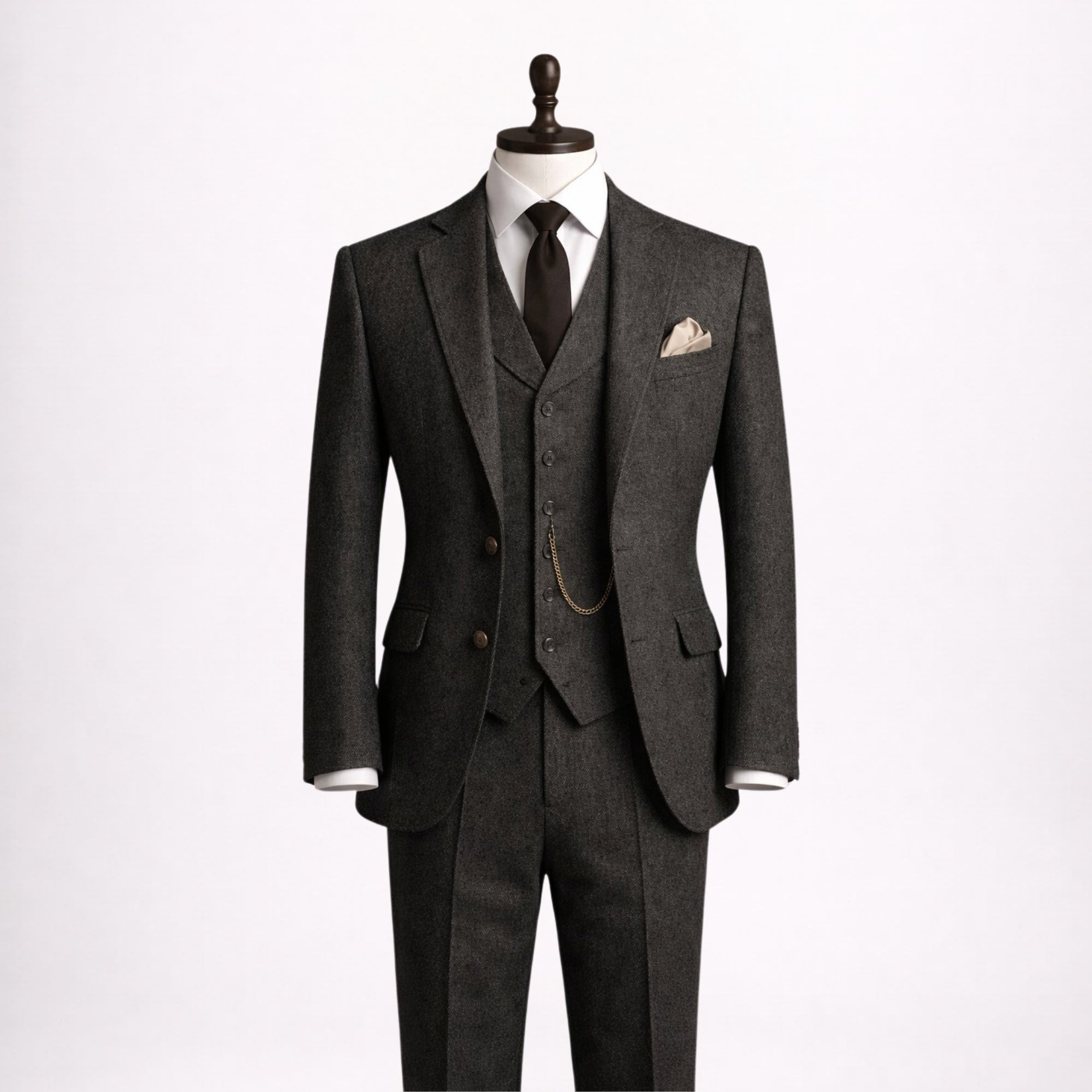 Tweed Three Piece Suit with Black Overcoat