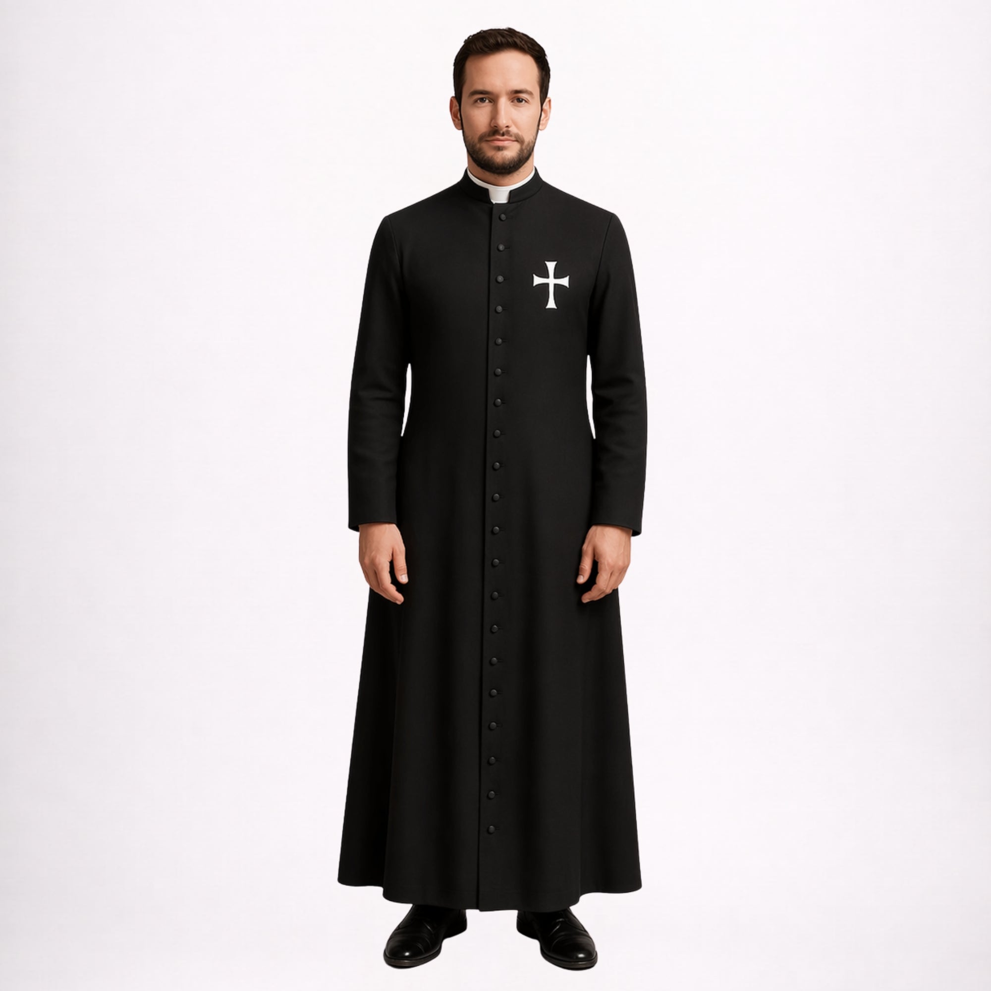 Black Clergy Cassock with White Cross Embroidery