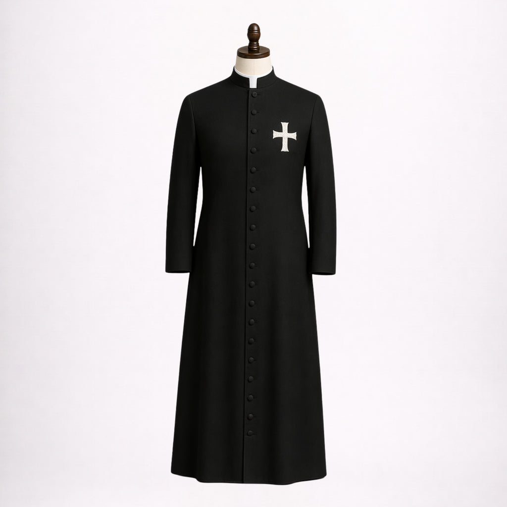 Black Clergy Cassock with White Cross Embroidery
