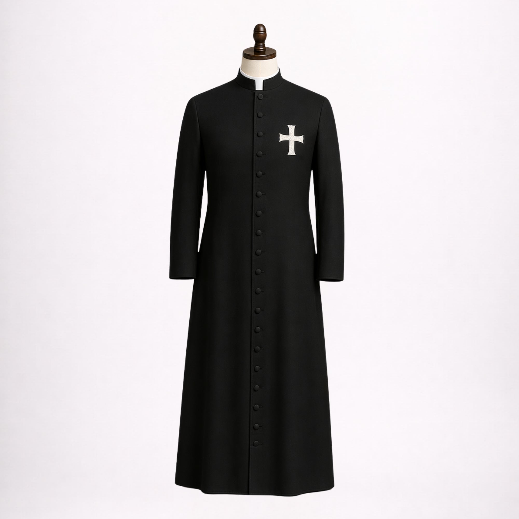 Black Clergy Cassock with White Cross Embroidery