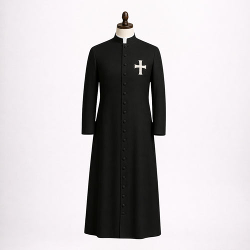 Black Clergy Cassock with White Cross Embroidery