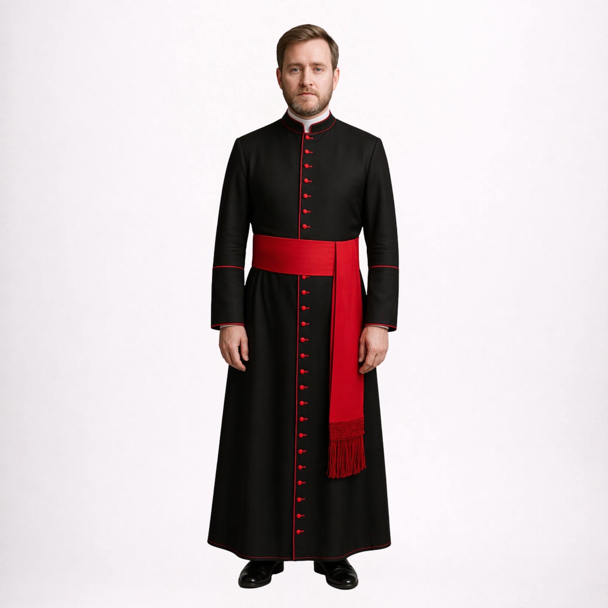 Black Roman Cassock with Red Buttons & Sash