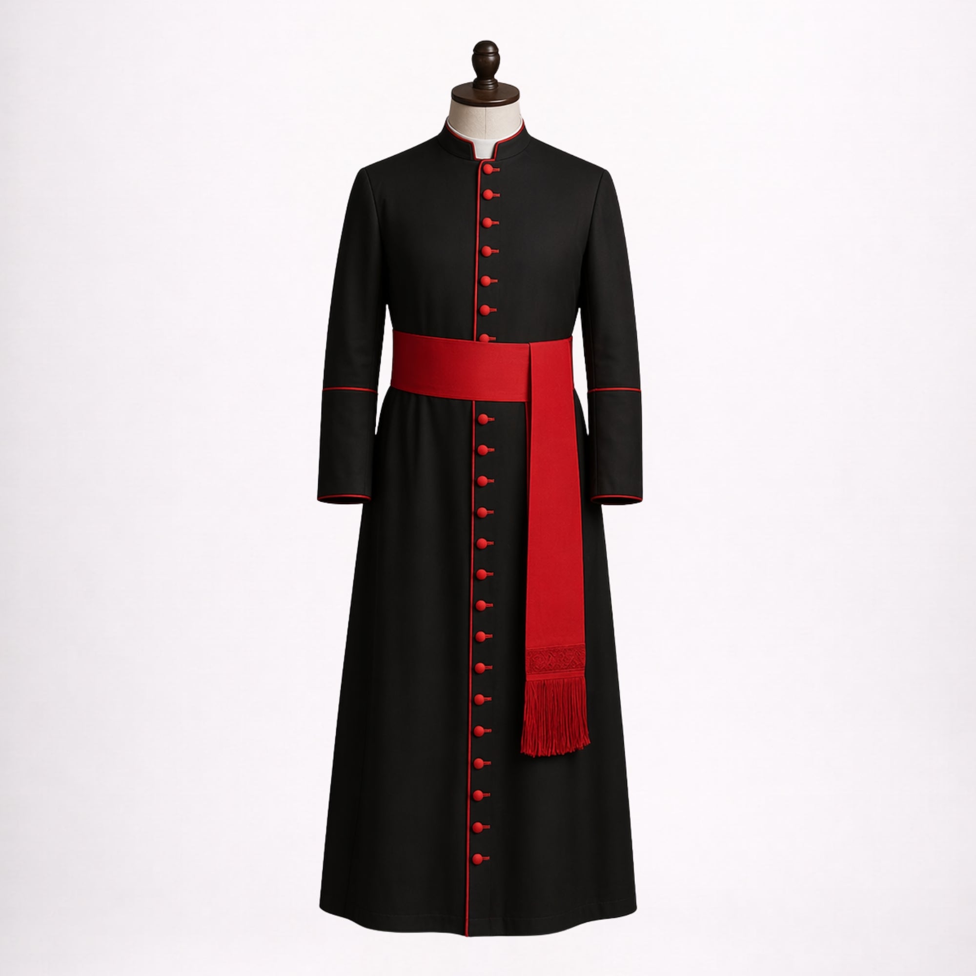Black Roman Cassock with Red Buttons & Sash