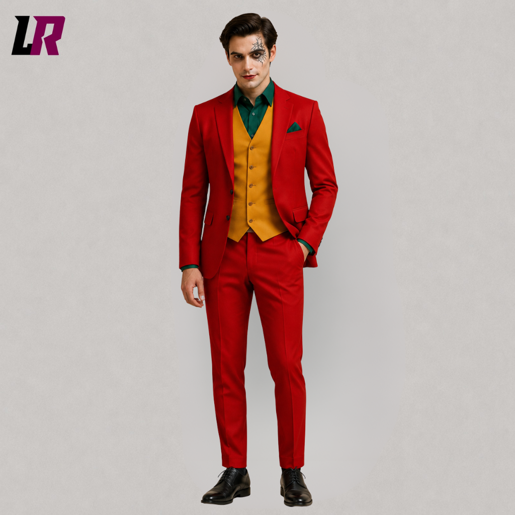 Men's red Joker inspired Halloween suit, red 3 piece suit for men, Gotham style cosplay costume with tailored jacket, waistcoat and trousers
