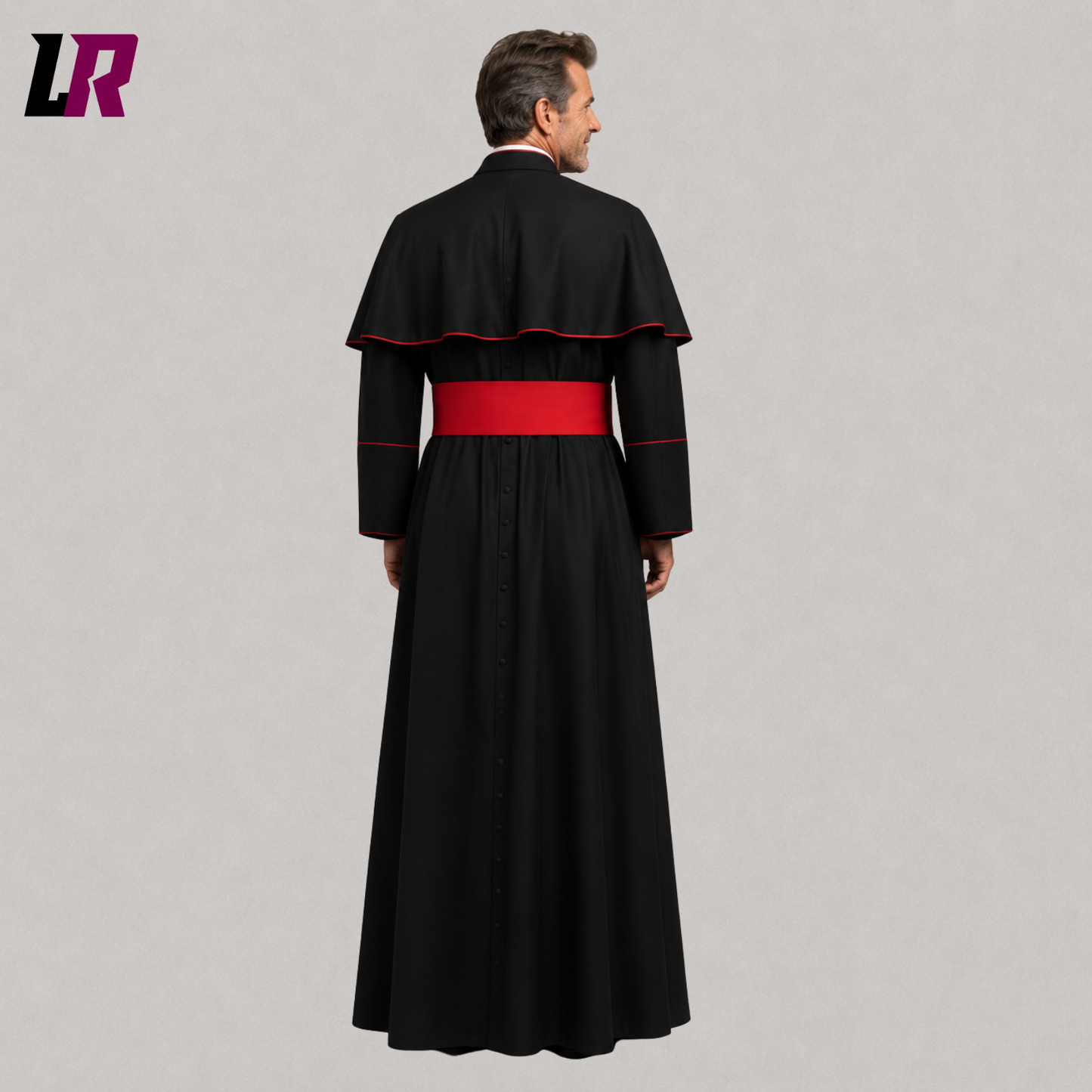 Back view of traditional black Roman priest cassock with elegant full-length design and sash