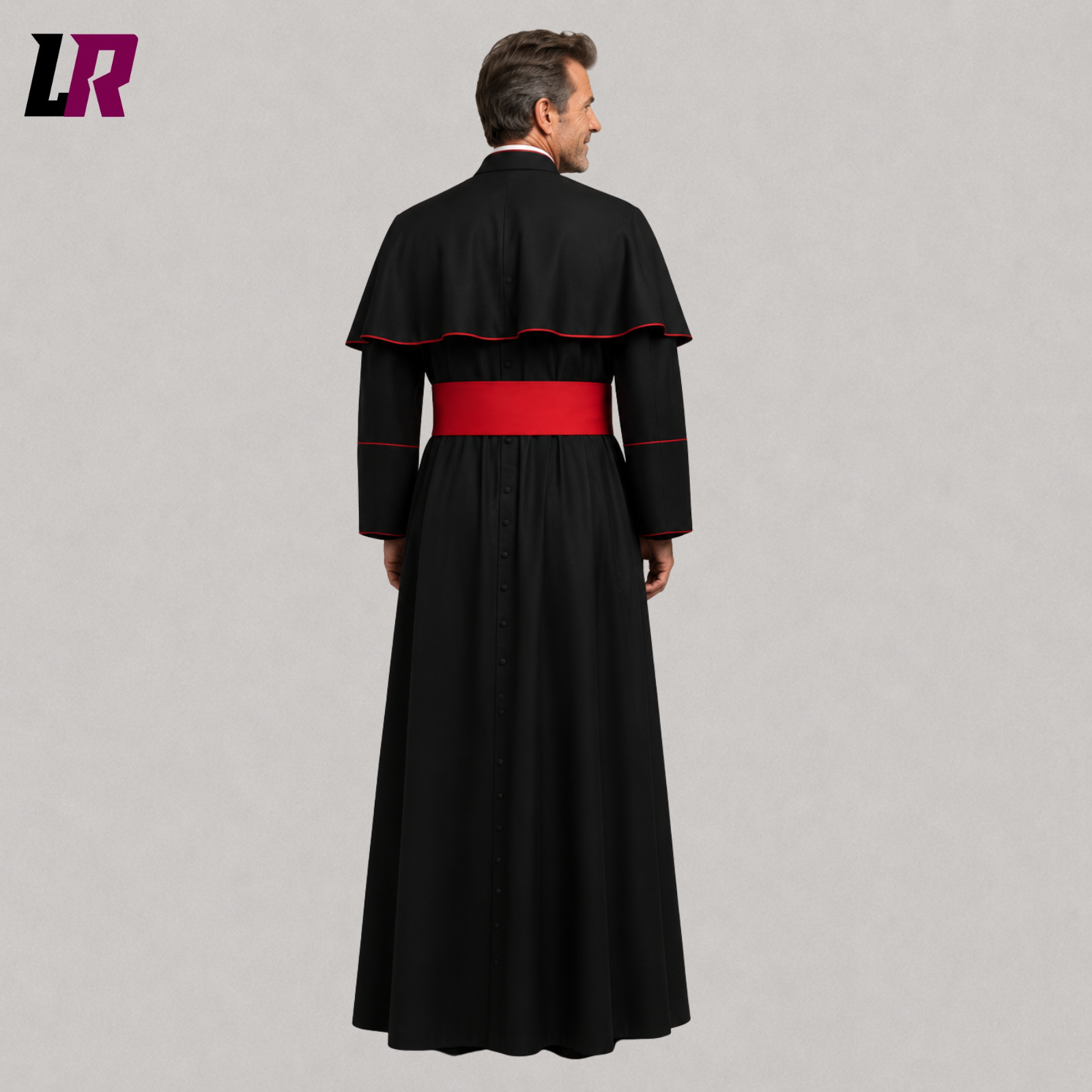Back view of traditional black Roman priest cassock with elegant full-length design and sash