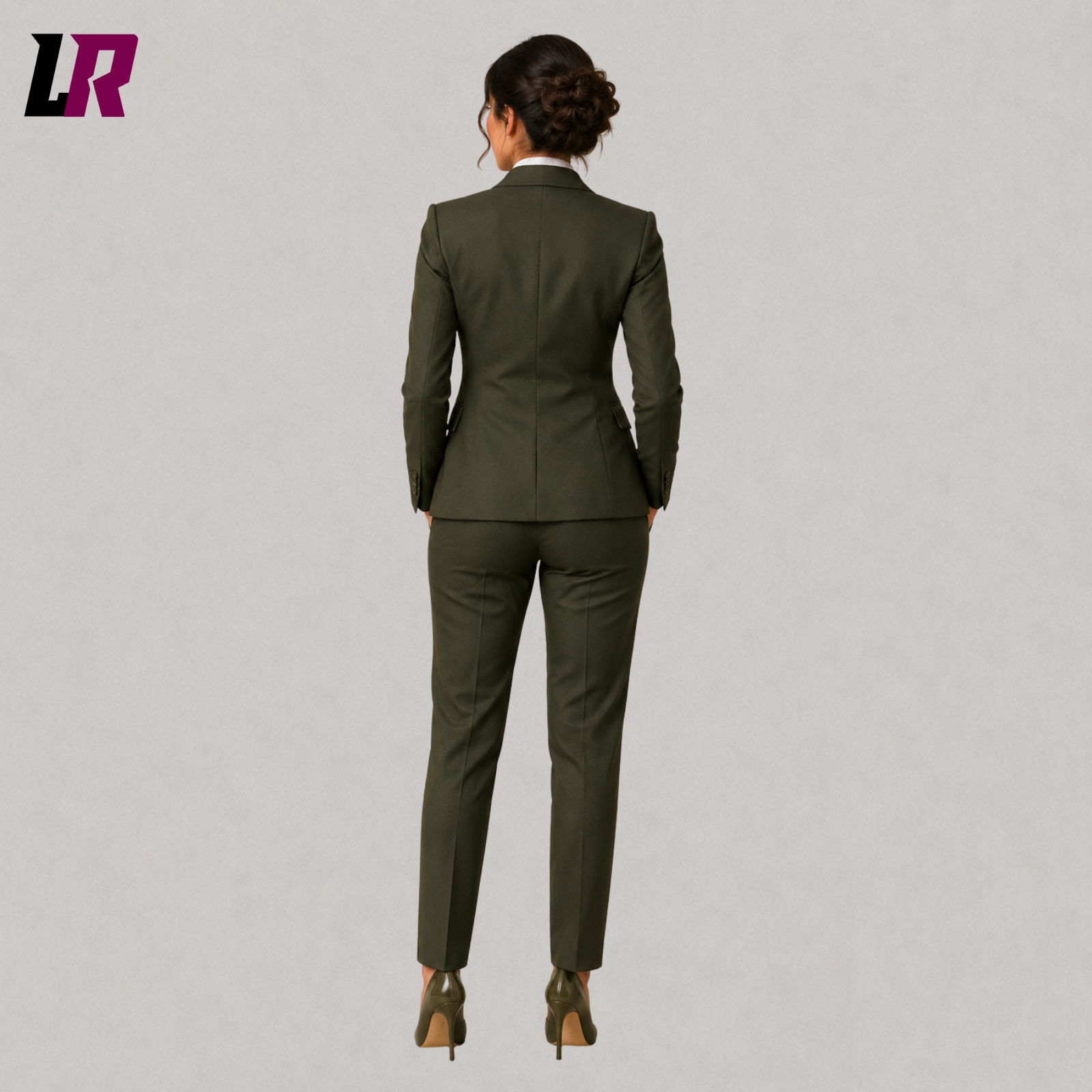 Back view of women's olive green tuxedo suit with elegant tailored silhouette