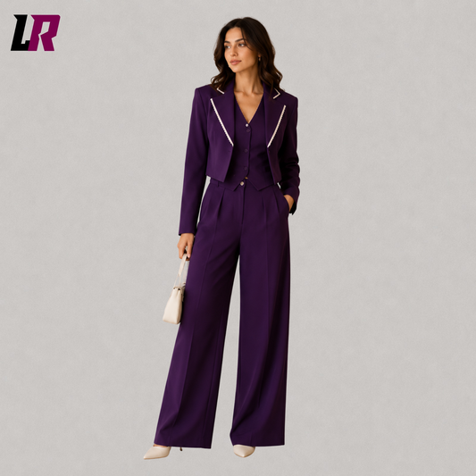 Women's plum purple suit set front view with cropped blazer, matching vest, and wide-leg pants