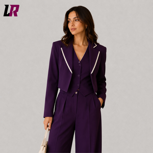 Women's Plum Purple Suit Set | Tailored Cropped Blazer, Vest & Wide Leg Pants