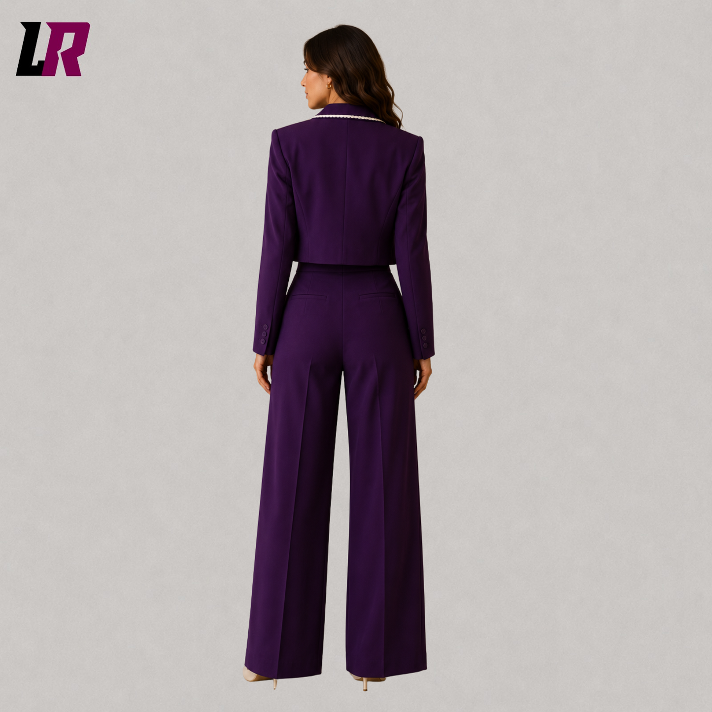 Back view of women's plum purple suit set with tailored wide-leg trousers