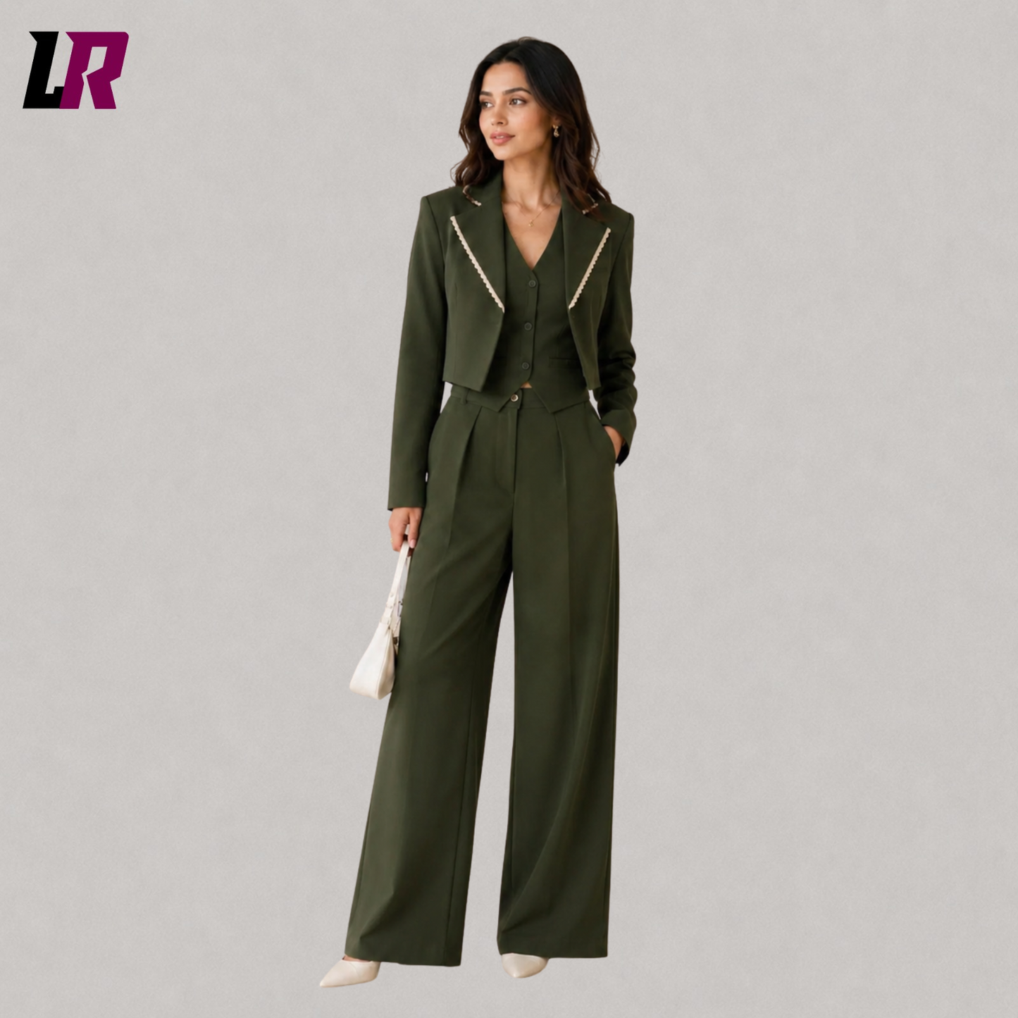 Women's olive green three piece pantsuit front view with cropped blazer and wide-leg trousers