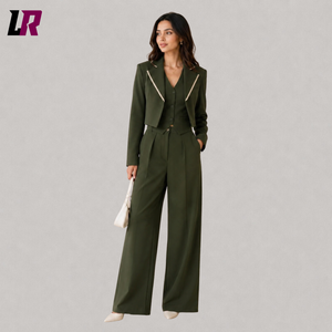 Women's Olive Green Pantsuit Set | Custom 3 Piece Business Suit with Cropped Blazer