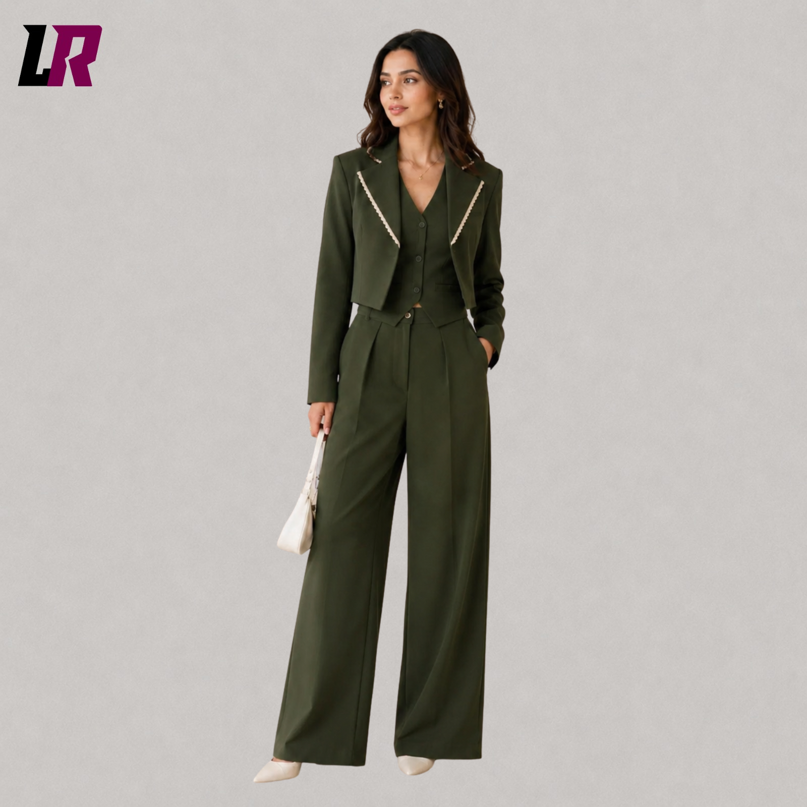 Women's Olive Green Pantsuit Set | Custom 3 Piece Business Suit with Cropped Blazer