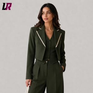 Women's Olive Green Pantsuit Set | Custom 3 Piece Business Suit with Cropped Blazer