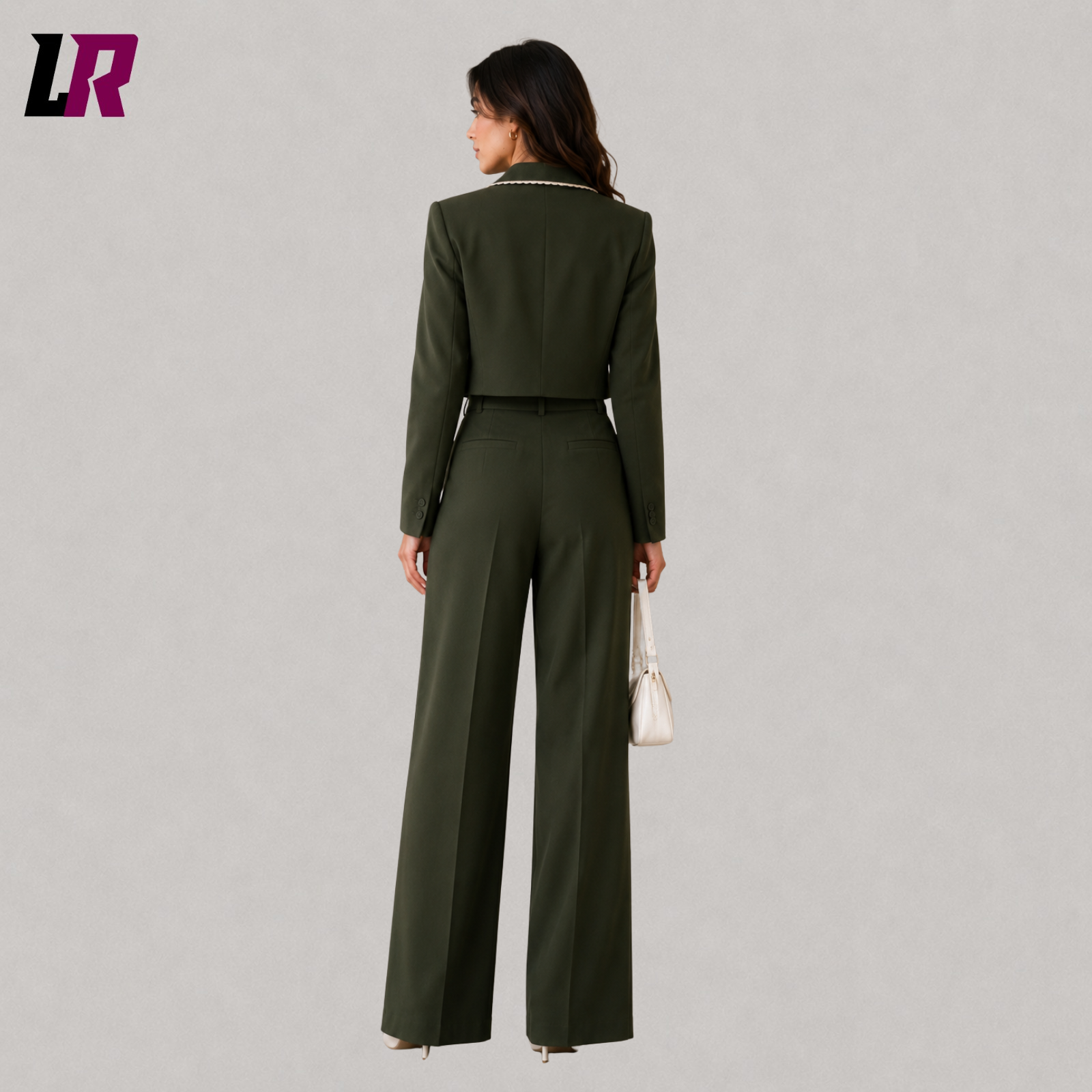 Back view of women's olive green pantsuit with tailored wide-leg trousers and elegant silhouette
