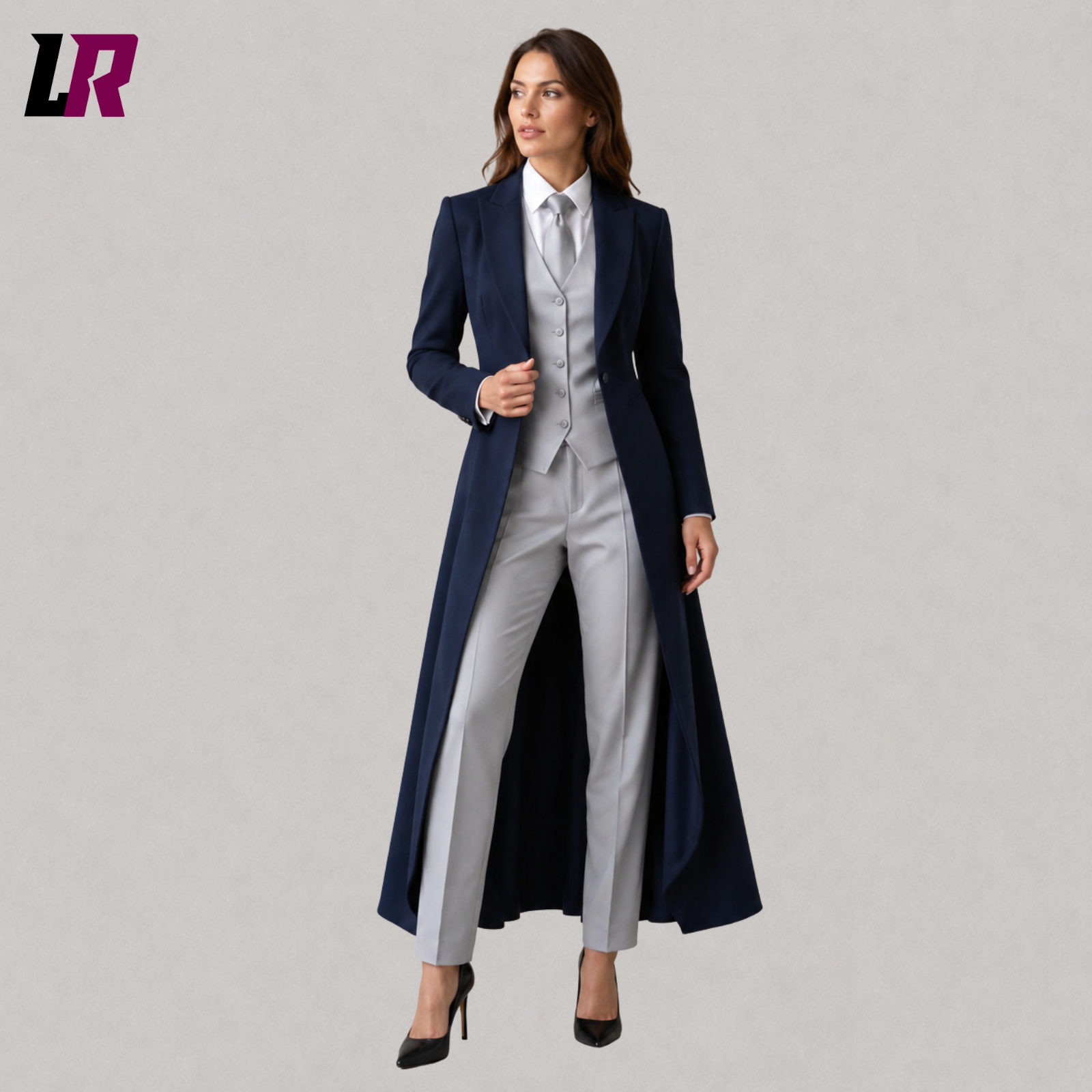 Navy blue women's tailcoat suit front view with Victorian Regency inspired blazer and tailored trousers