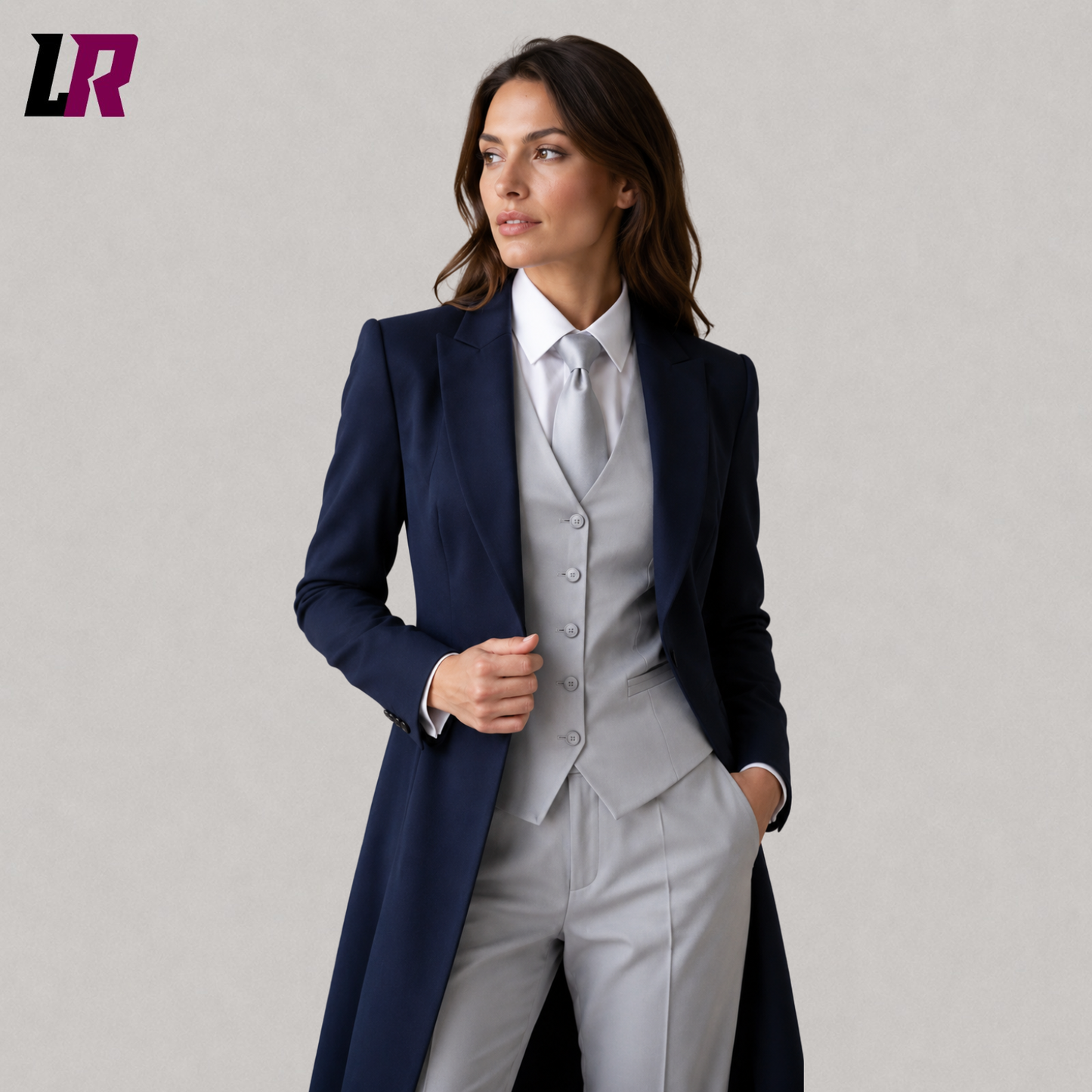 Close-up of navy blue women's tailcoat suit featuring premium tailoring and Victorian style details