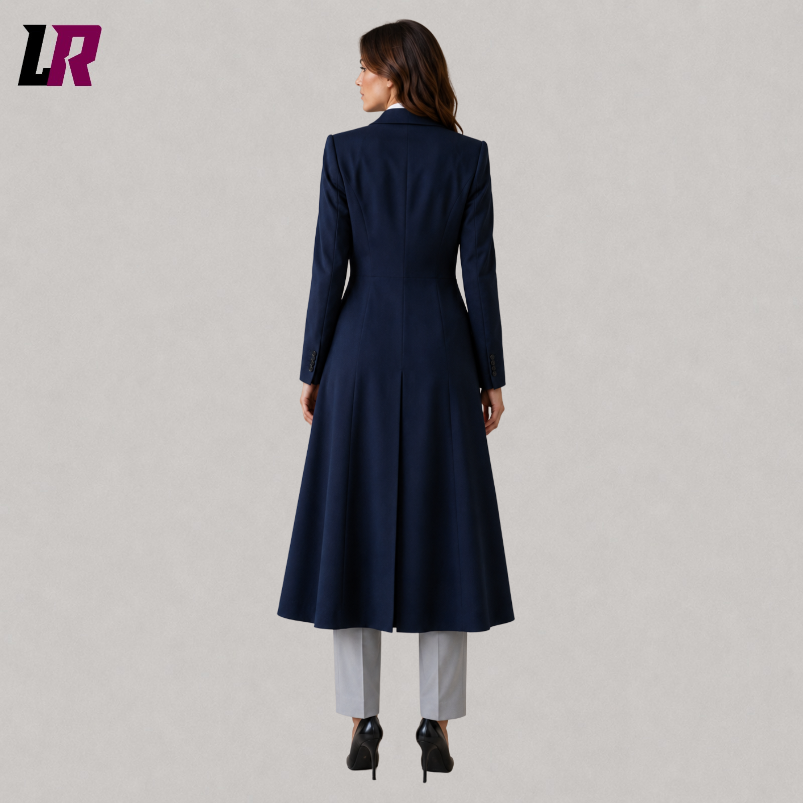 Back view of navy blue women's Victorian tailcoat suit with elegant tailored silhouette