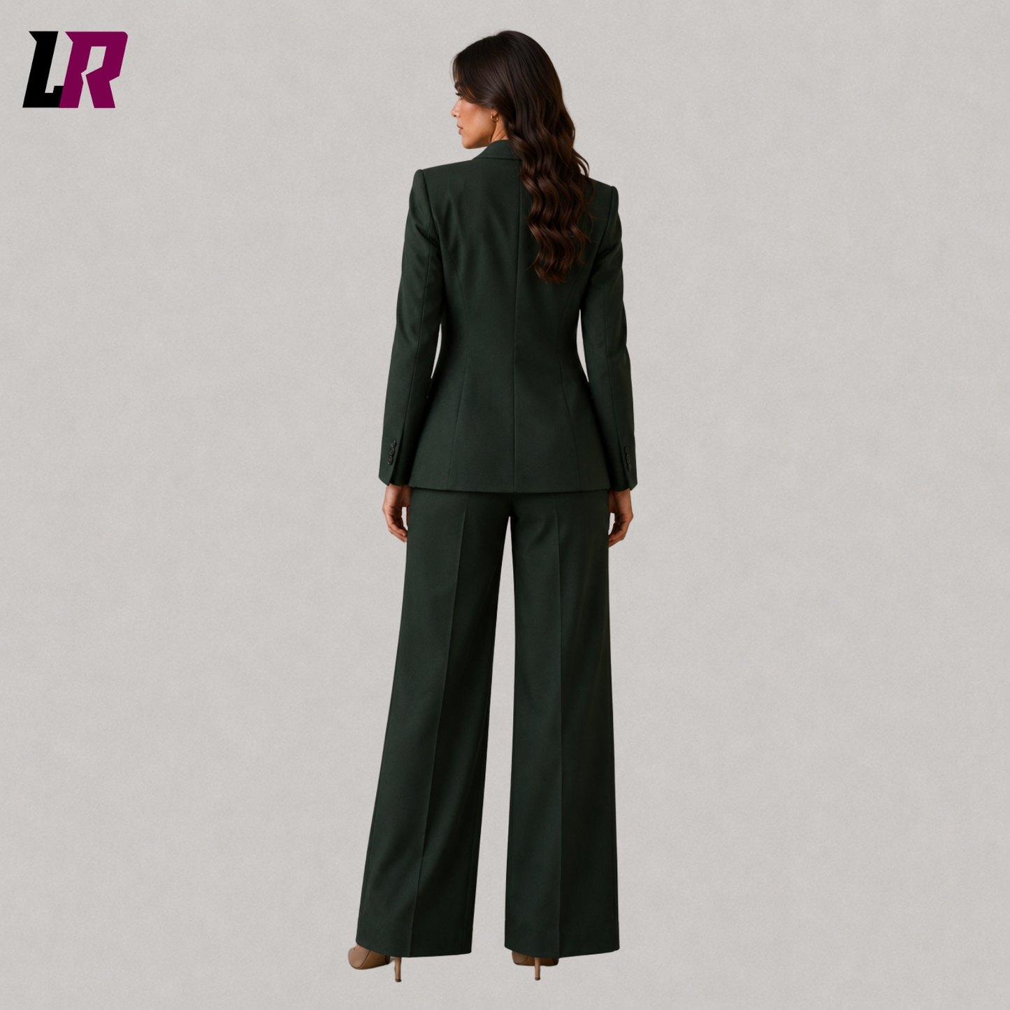 Back view of forest green women's pantsuit with elegant tailored silhouette