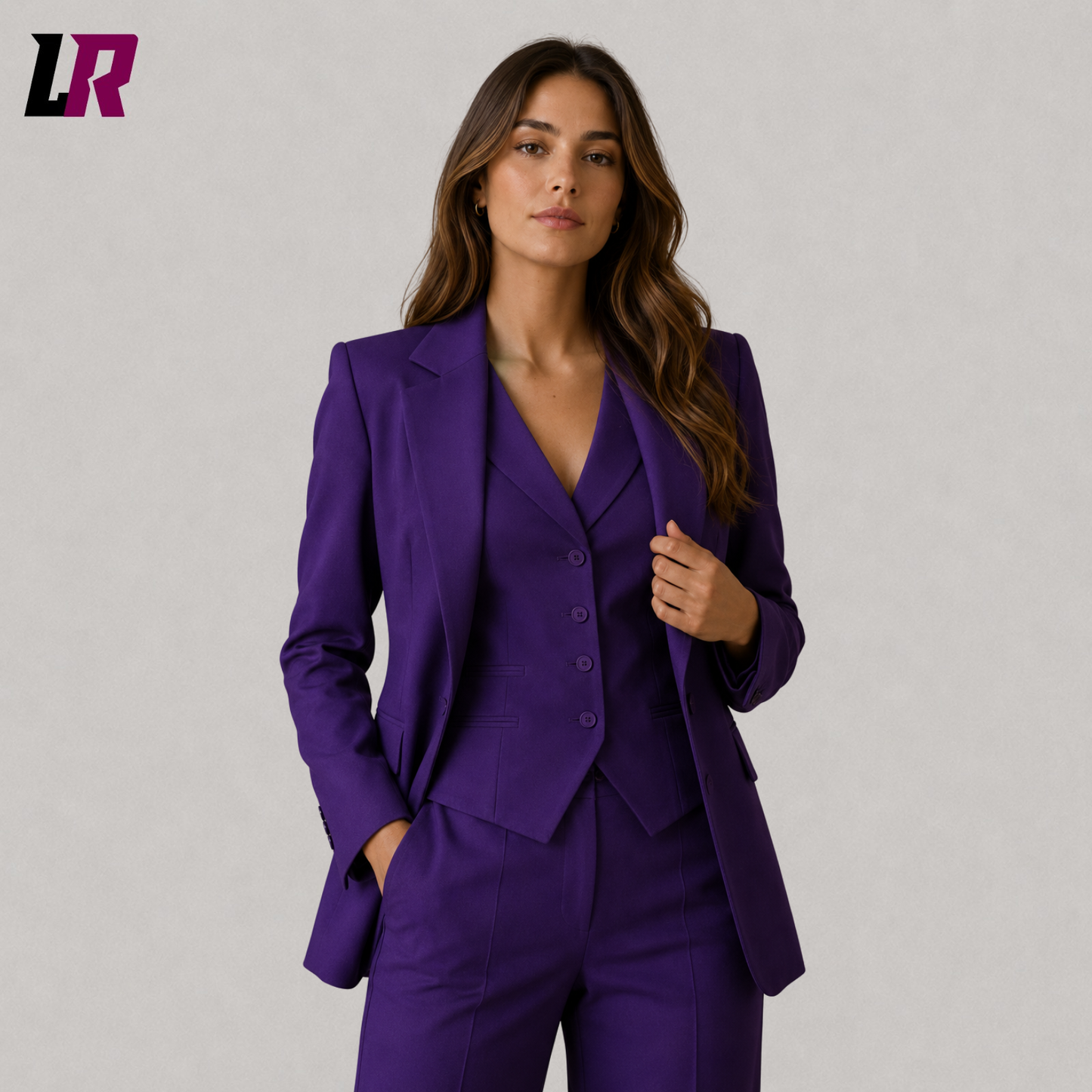Close-up of royal purple women's business suit featuring premium handmade tailoring and matching vest