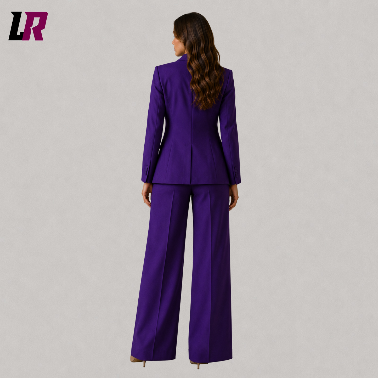 Back view of royal purple women's pantsuit with elegant tailored silhouette