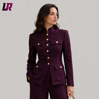 Purple Mandarin Collar Pantsuit | Military Inspired Women's Designer Suit