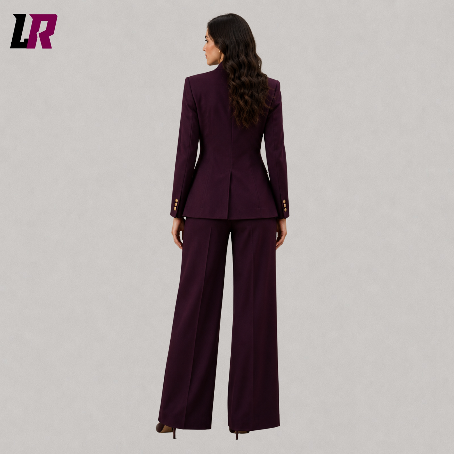 Back view of purple Mandarin collar pantsuit with structured military inspired design