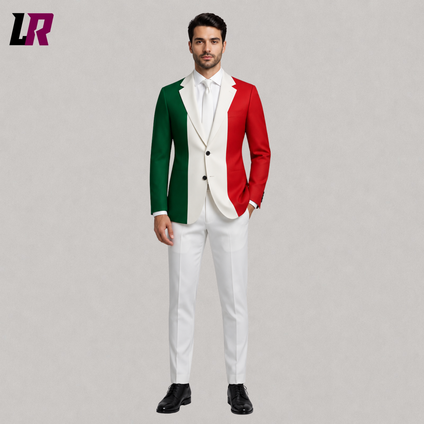 Front view of Italian Flag Suit with custom tailored tricolor blazer and matching pants