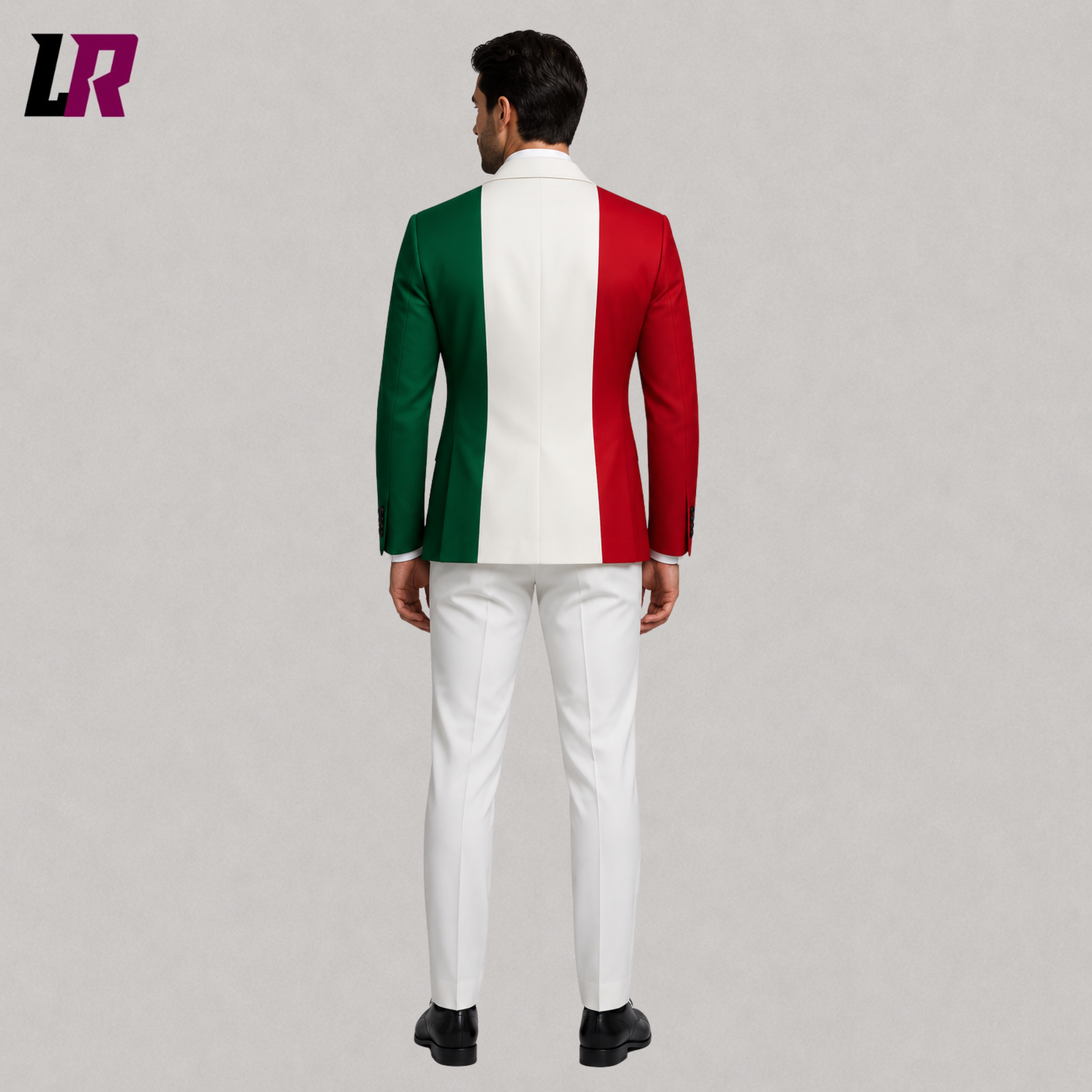 Back view of Italian Flag blazer and pants showcasing the full Italian tricolor design