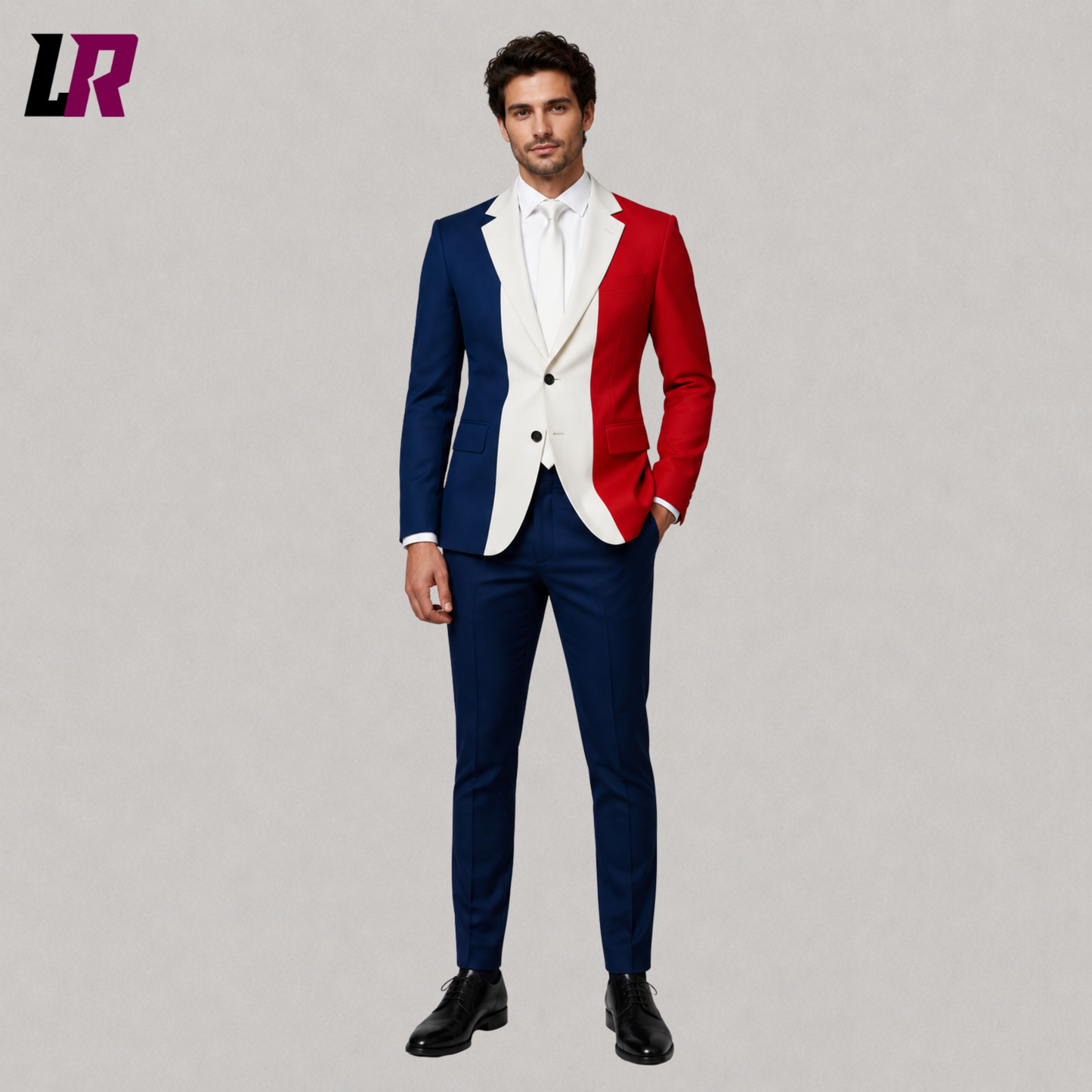 Front view of France Flag Suit with French National Day blazer and matching pants