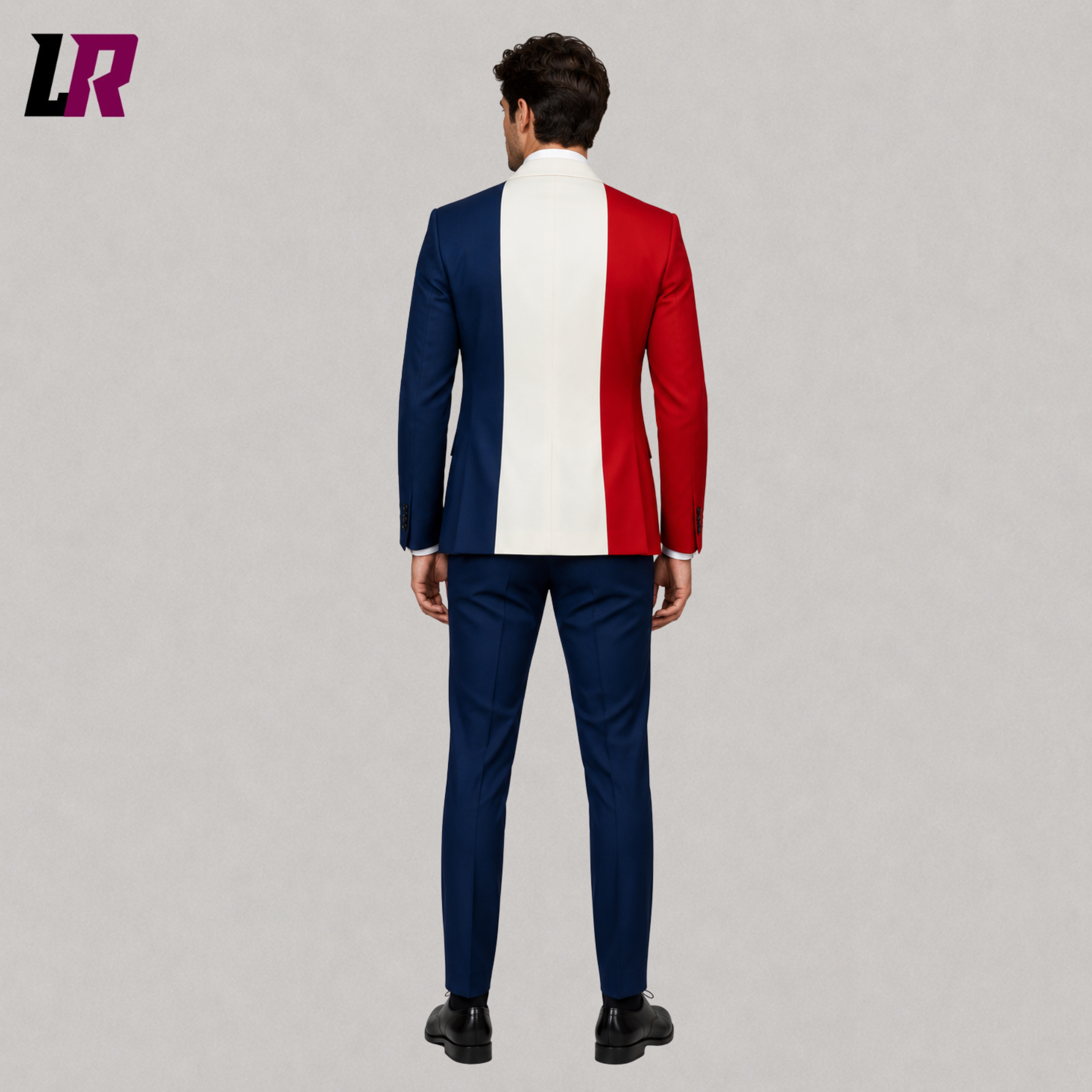 Back view of France Flag blazer and pants showcasing the full French tricolor design