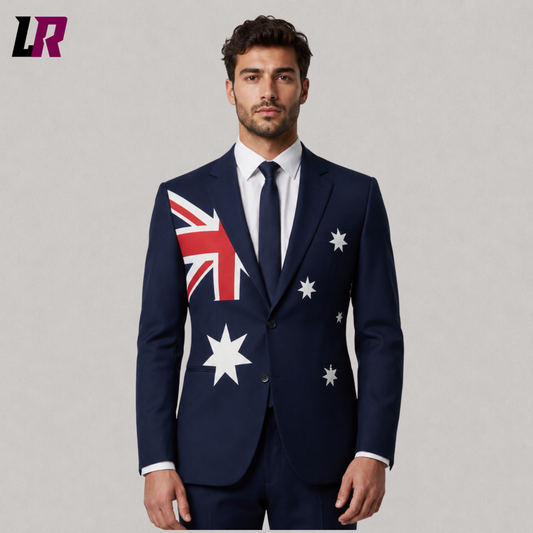 Close-up of custom Australia Flag blazer featuring premium patriotic design and tailored craftsmanship