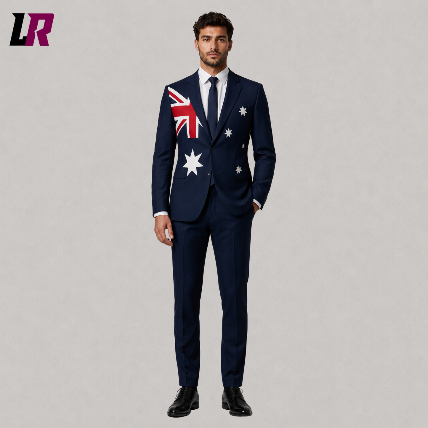 Front view of Australia Flag Suit with patriotic blazer and matching pants