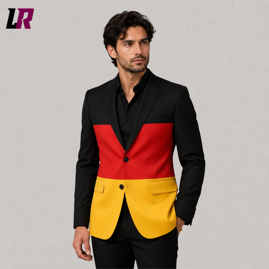 Close-up of custom tailored German Flag blazer featuring premium black red and gold design
